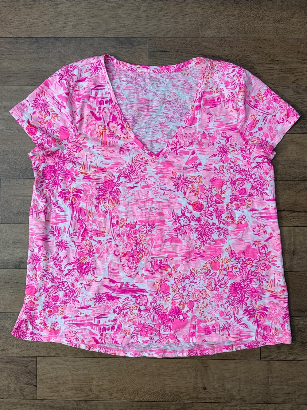 Lilly Pulitzer Size XXL Etta Scoop Neck Top Peony Pink Seaside Scene 100% Cotton